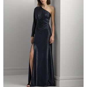 Lauren Ralph Lauren Women's Metallic Knit One-Shoulder Gown Blue 12